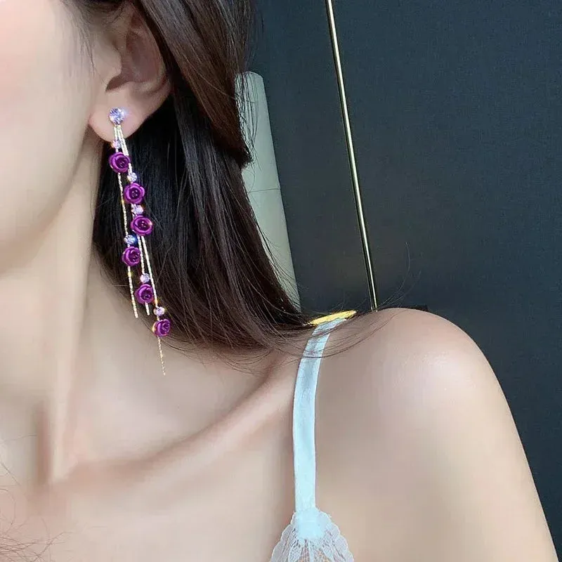 🌹✨ Kawaii Rose Drop Earrings for Women - Trendy Alloy Tassel Jewelry with Sparkling Rhinestones! 💖👗