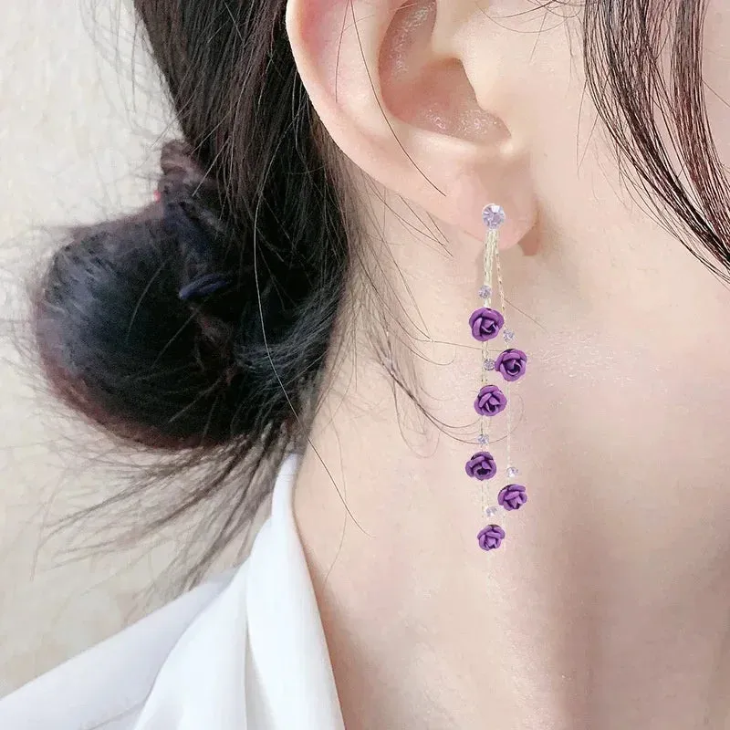 🌹✨ Kawaii Rose Drop Earrings for Women - Trendy Alloy Tassel Jewelry with Sparkling Rhinestones! 💖👗