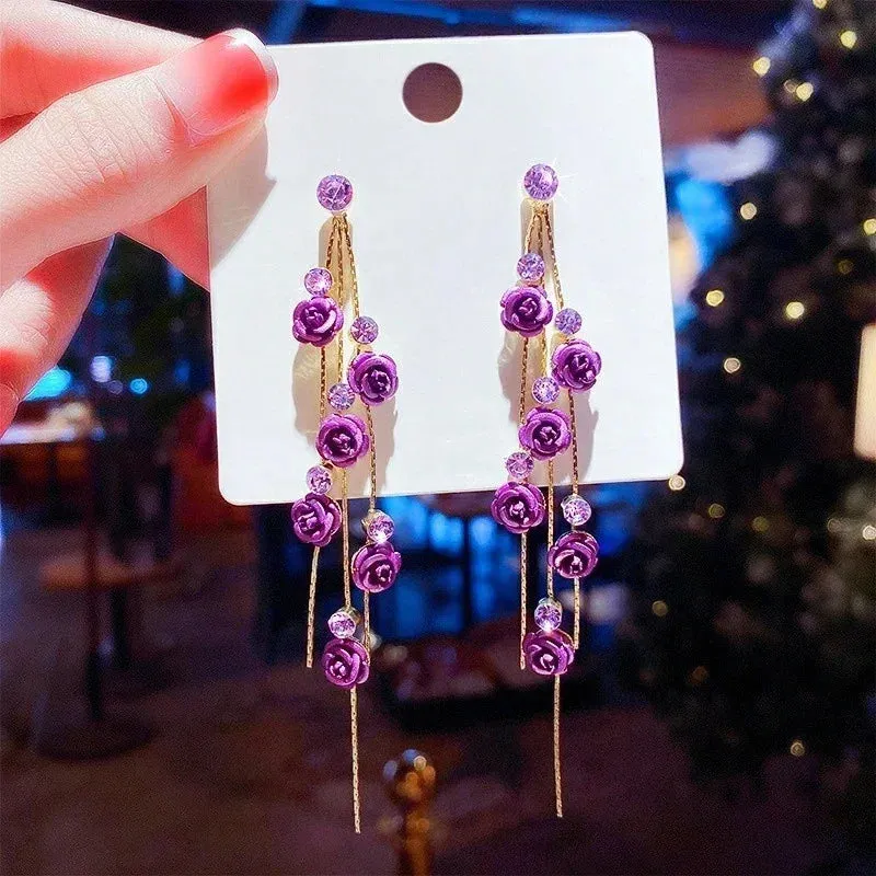 🌹✨ Kawaii Rose Drop Earrings for Women - Trendy Alloy Tassel Jewelry with Sparkling Rhinestones! 💖👗