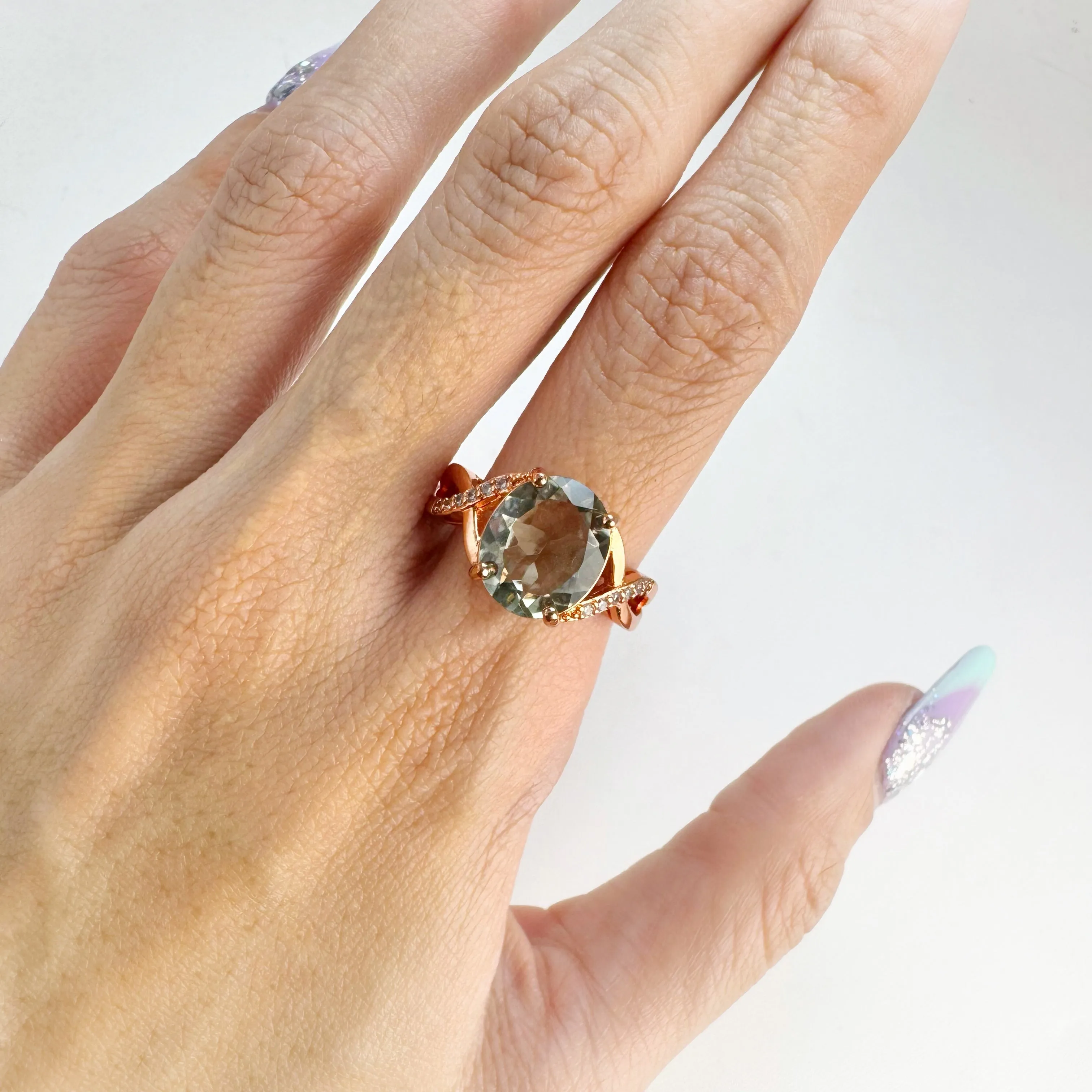 10 x 12 mm. Oval Cut Green Brazilian Amethyst with Cz Accents Ring