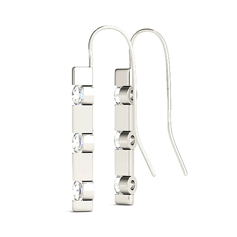 1.00 ctw Bar Set Diamond Three Stone Drop Earrings