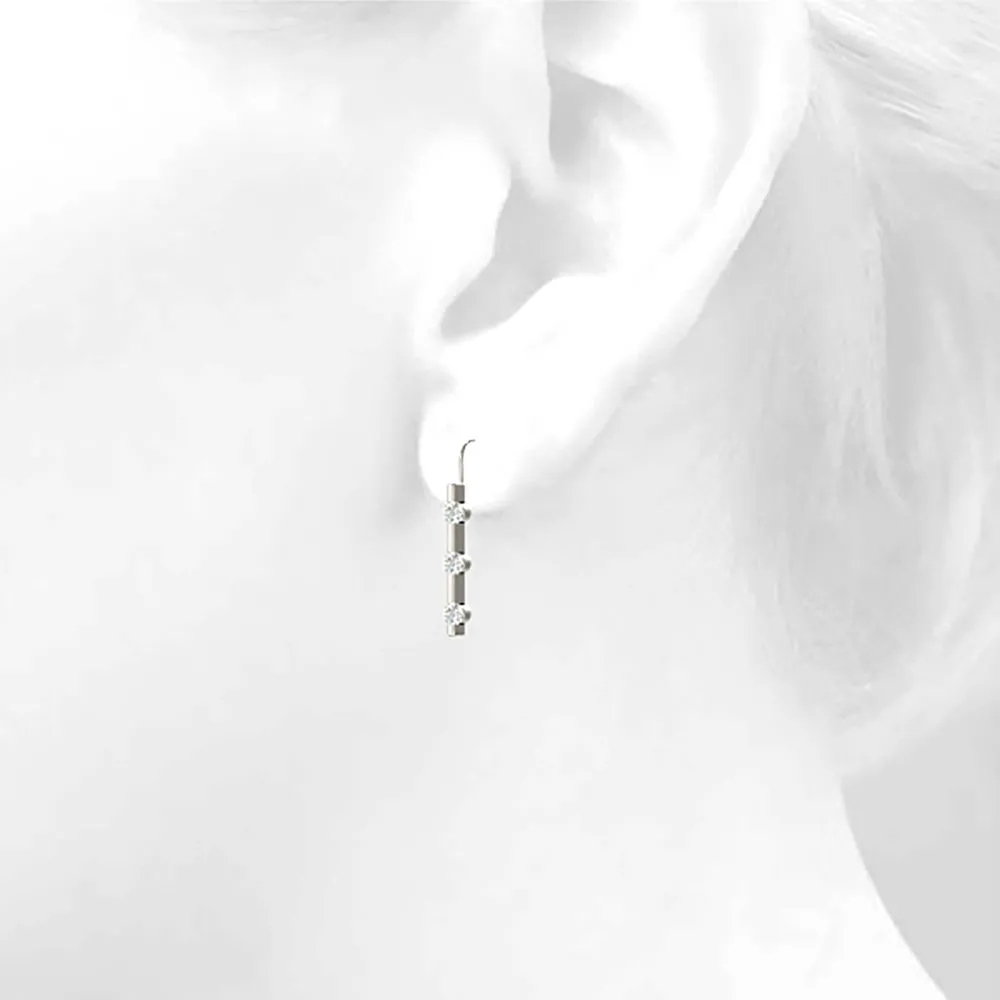 1.00 ctw Bar Set Diamond Three Stone Drop Earrings