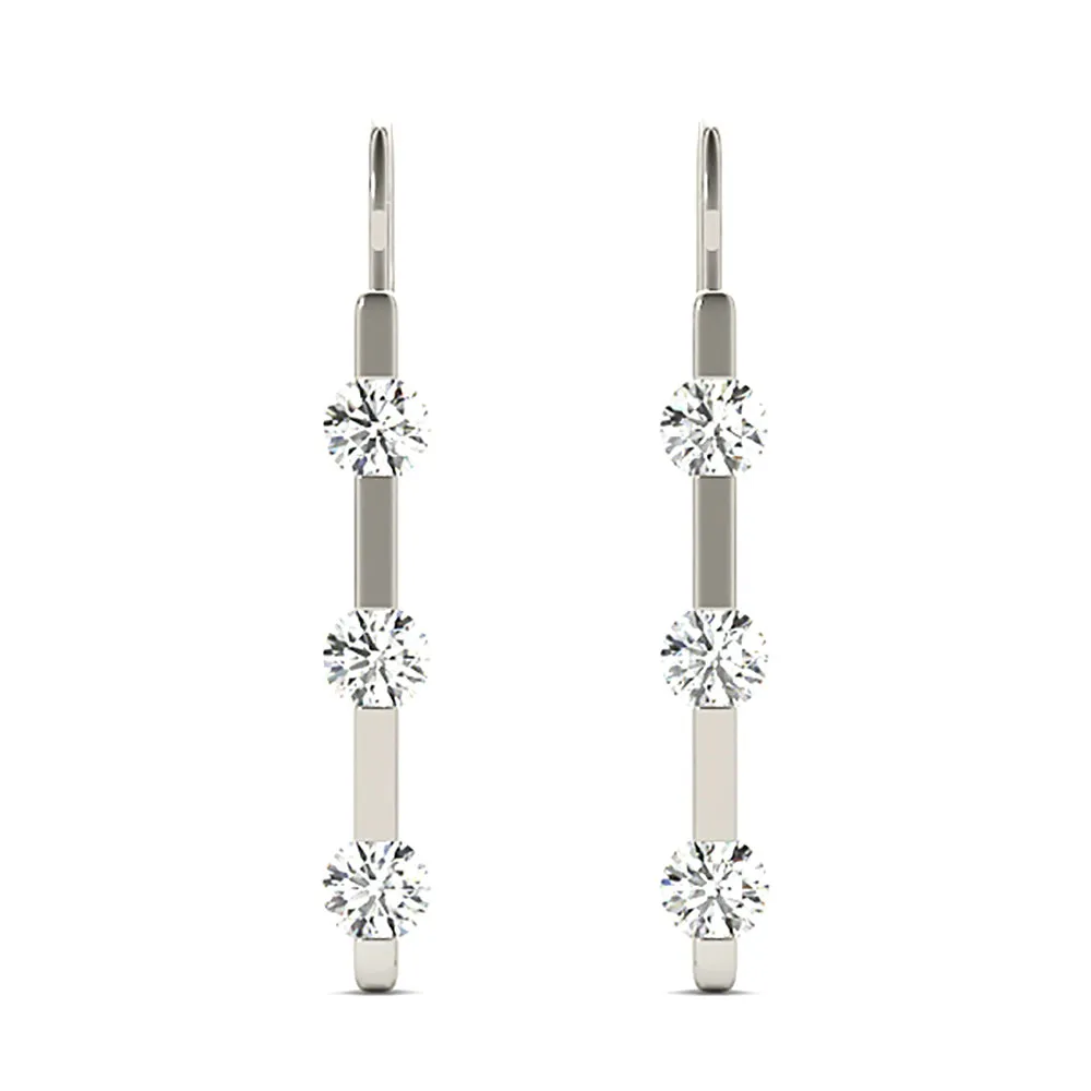 1.00 ctw Bar Set Diamond Three Stone Drop Earrings