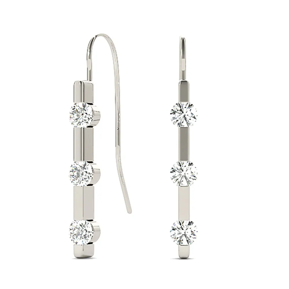 1.00 ctw Bar Set Diamond Three Stone Drop Earrings