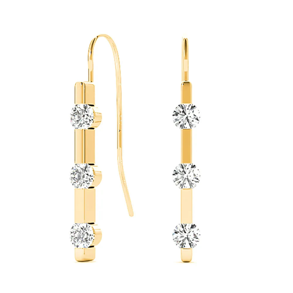 1.00 ctw Bar Set Diamond Three Stone Drop Earrings
