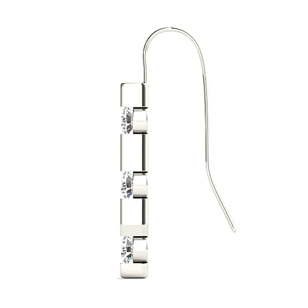 1.00 ctw Bar Set Diamond Three Stone Drop Earrings