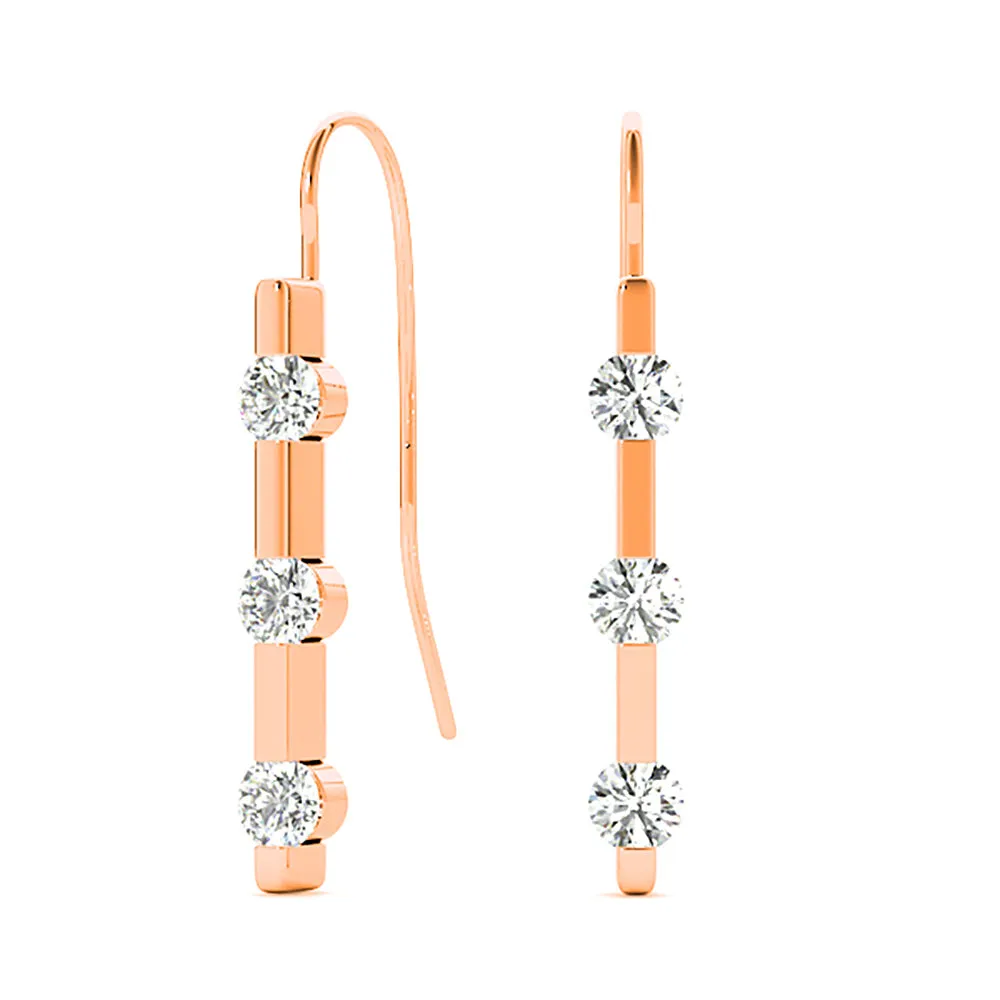 1.00 ctw Bar Set Diamond Three Stone Drop Earrings