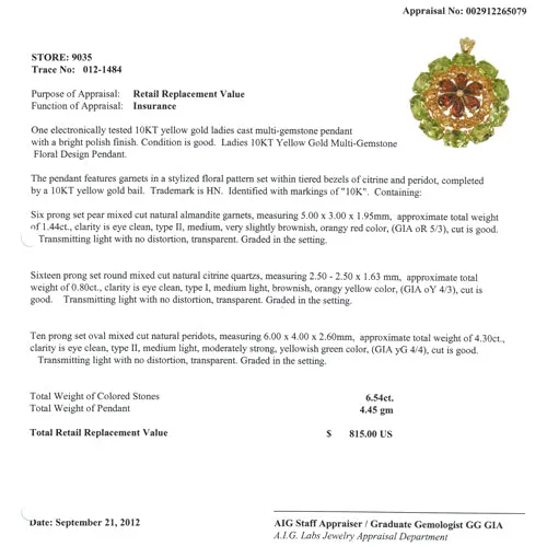 10k Yellow Gold Garnet, Citrine, and Peridot Pendant 6.54 CTW