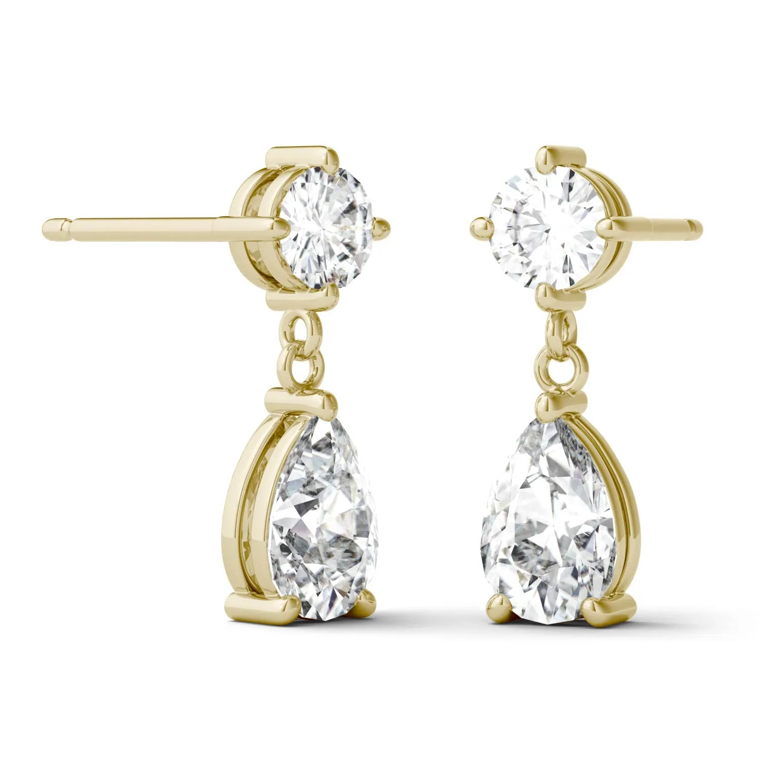 1.18 CTW DEW Round and Pear Moissanite Drop Stud Earrings in 14K Yellow Gold