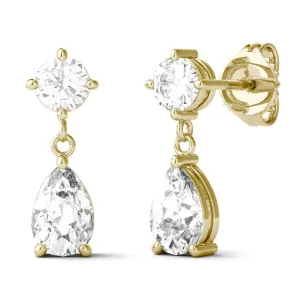 1.18 CTW DEW Round and Pear Moissanite Drop Stud Earrings in 14K Yellow Gold