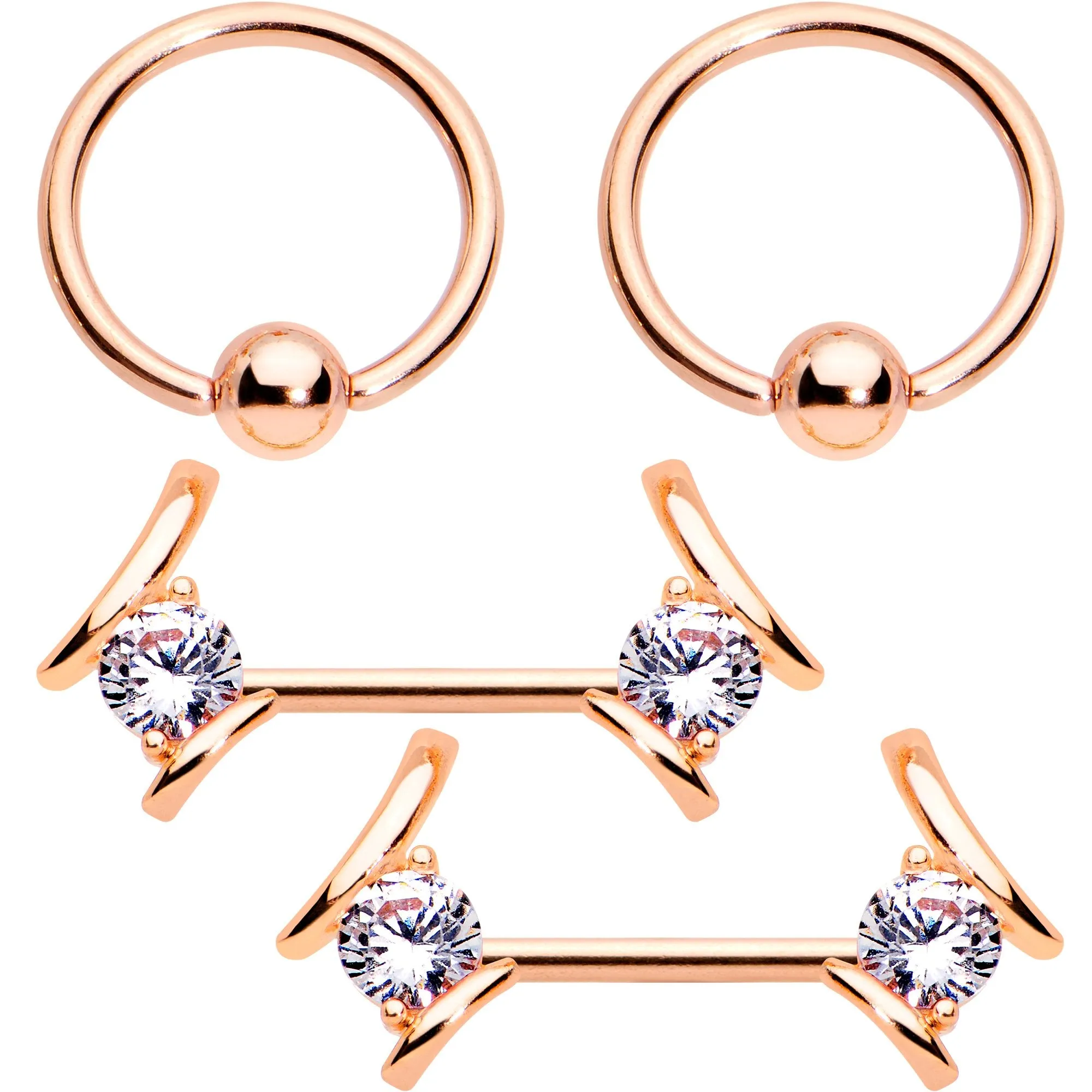 14 Gauge Clear CZ Gem Rose Gold Tone Flair BCR Barbell Nipple Ring Set