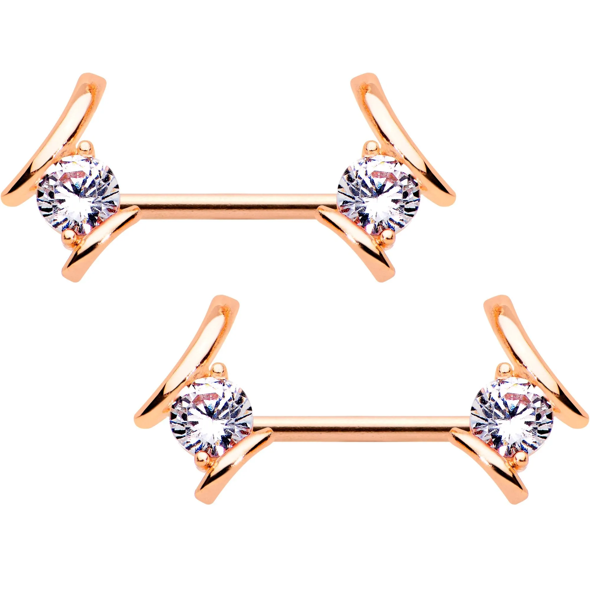 14 Gauge Clear CZ Gem Rose Gold Tone Flair BCR Barbell Nipple Ring Set