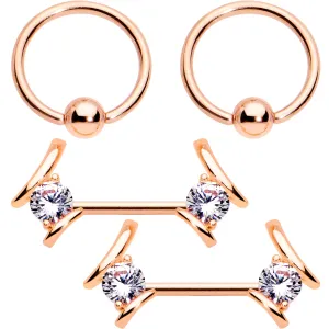 14 Gauge Clear CZ Gem Rose Gold Tone Flair BCR Barbell Nipple Ring Set