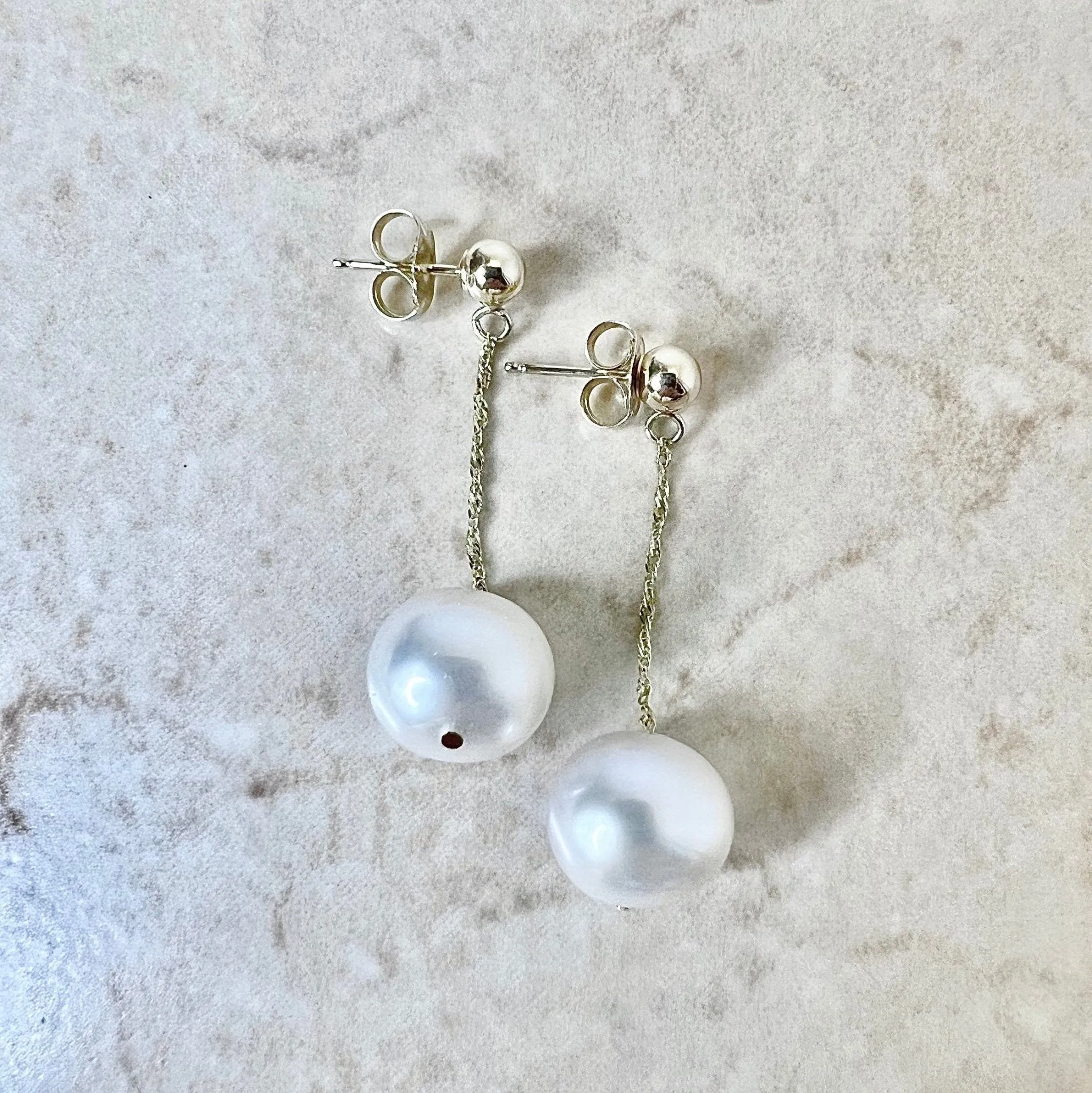 14 Karat Yellow Gold White Pearl Drop Earrings