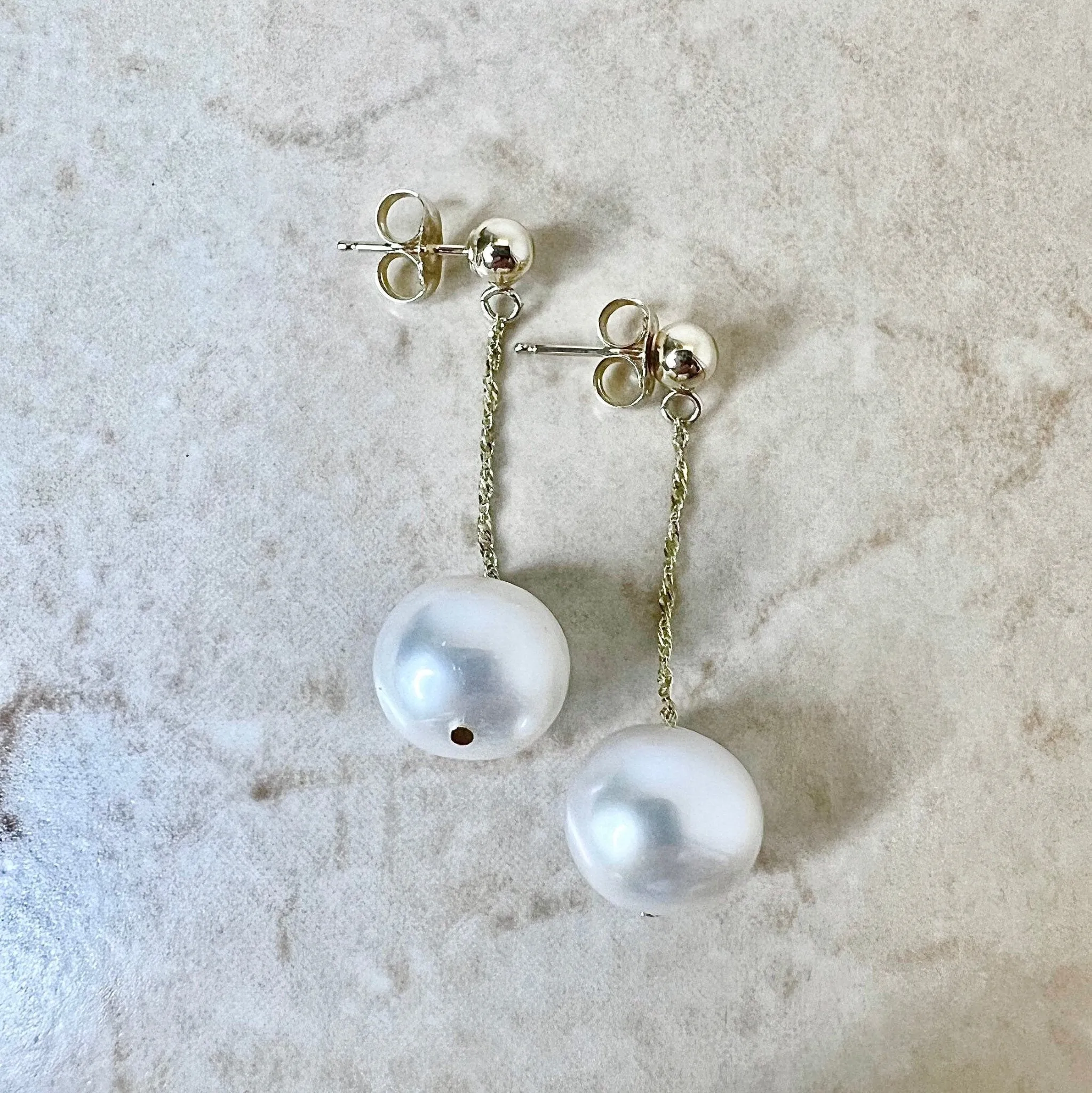 14 Karat Yellow Gold White Pearl Drop Earrings
