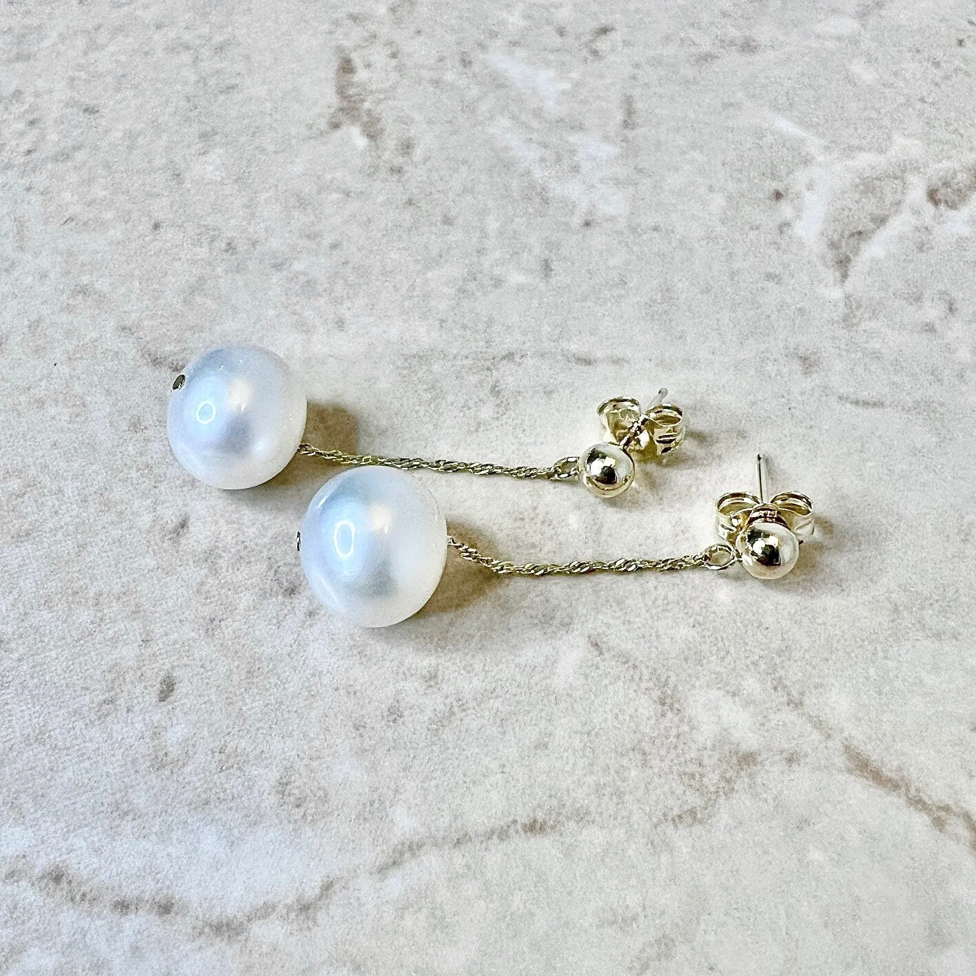 14 Karat Yellow Gold White Pearl Drop Earrings
