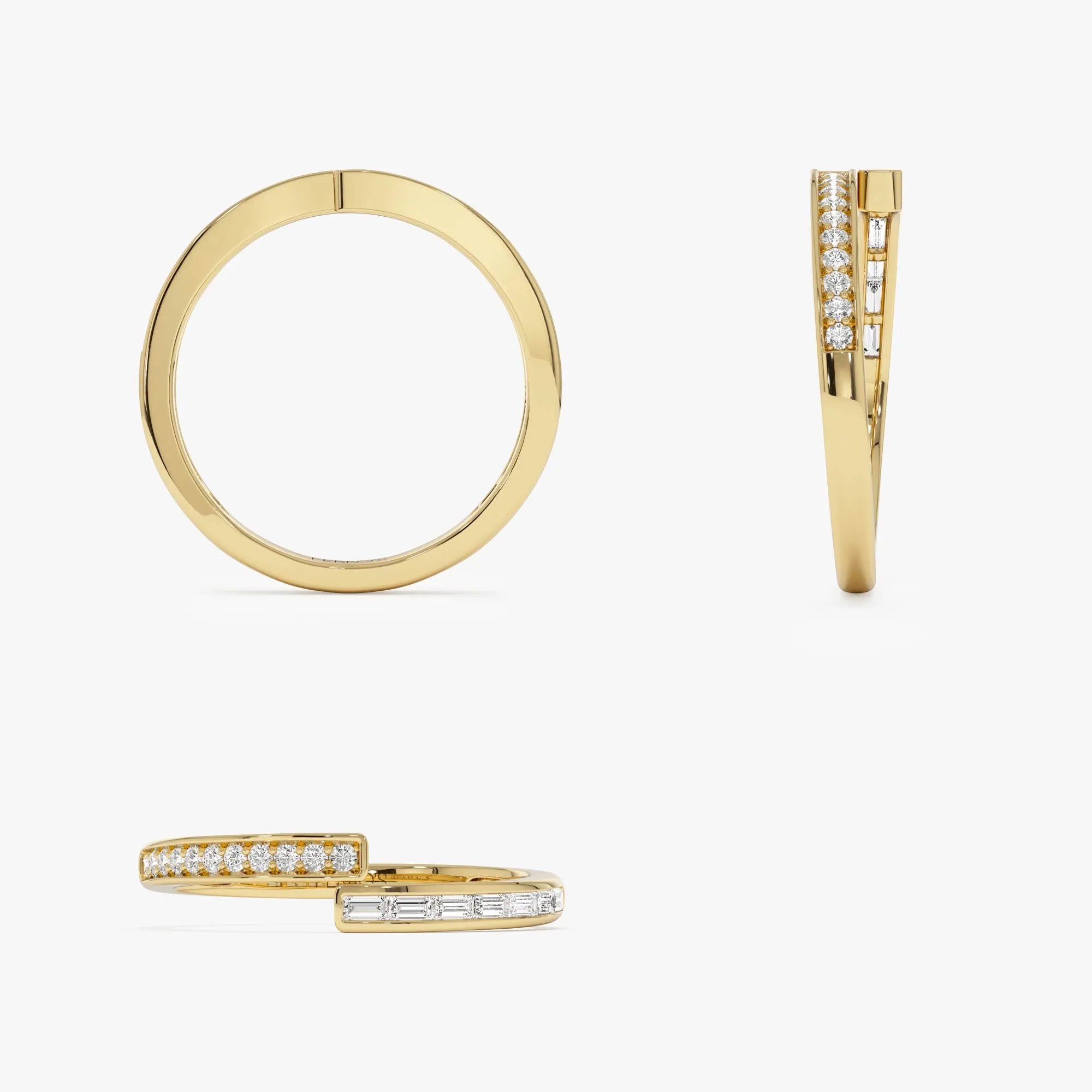 14k Baguette and Round Diamond Crossover Ring