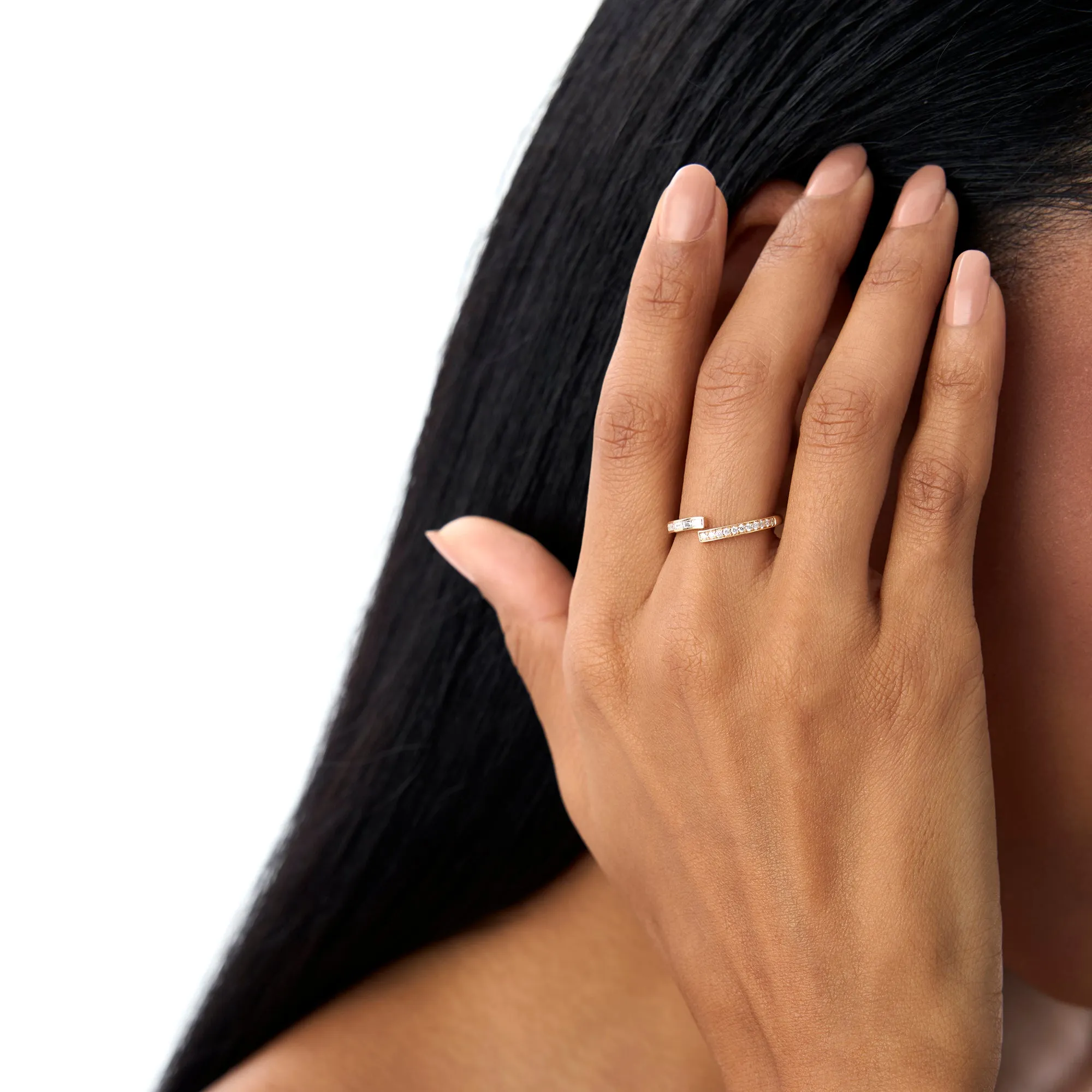 14k Baguette and Round Diamond Crossover Ring