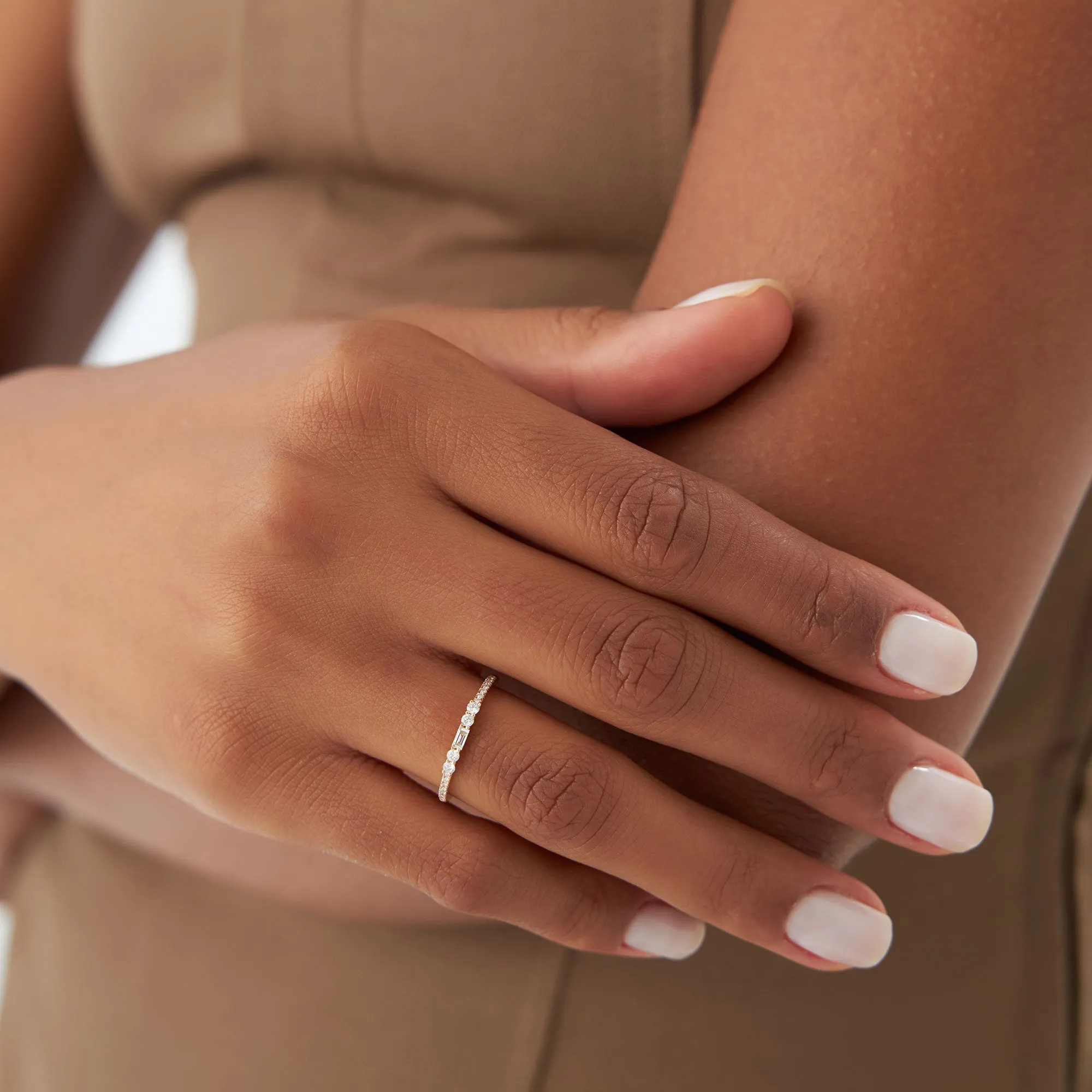 14k Baguette and Round Diamond Dainty Stackable Ring
