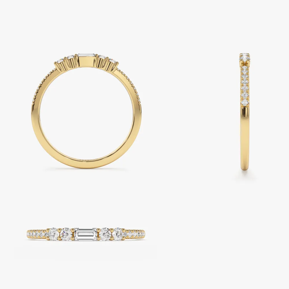 14k Baguette and Round Diamond Dainty Stackable Ring