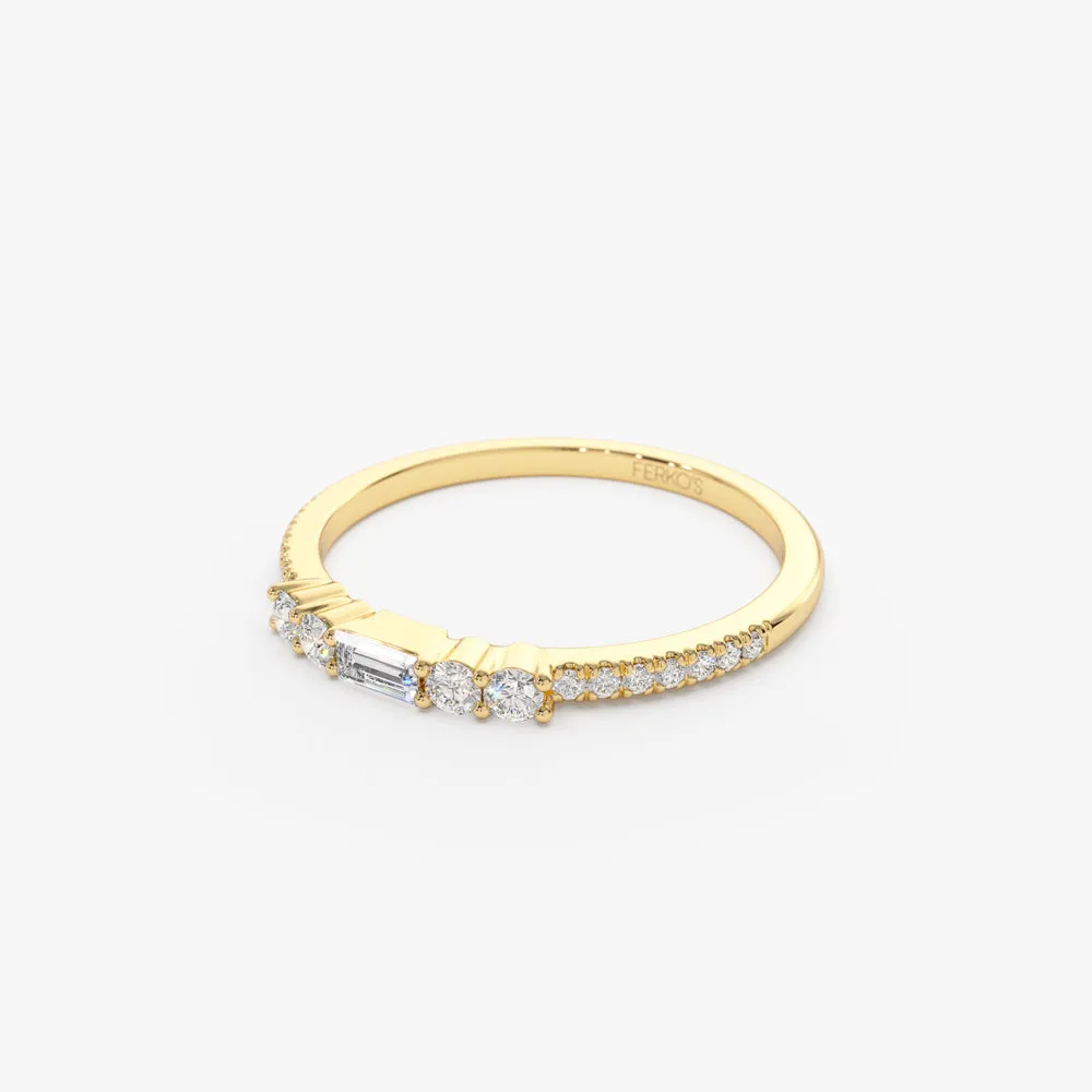14k Baguette and Round Diamond Dainty Stackable Ring