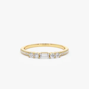 14k Baguette and Round Diamond Dainty Stackable Ring