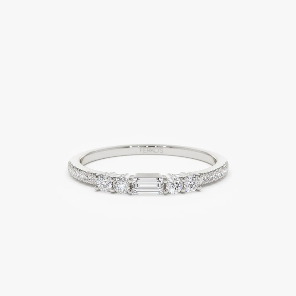 14k Baguette and Round Diamond Dainty Stackable Ring