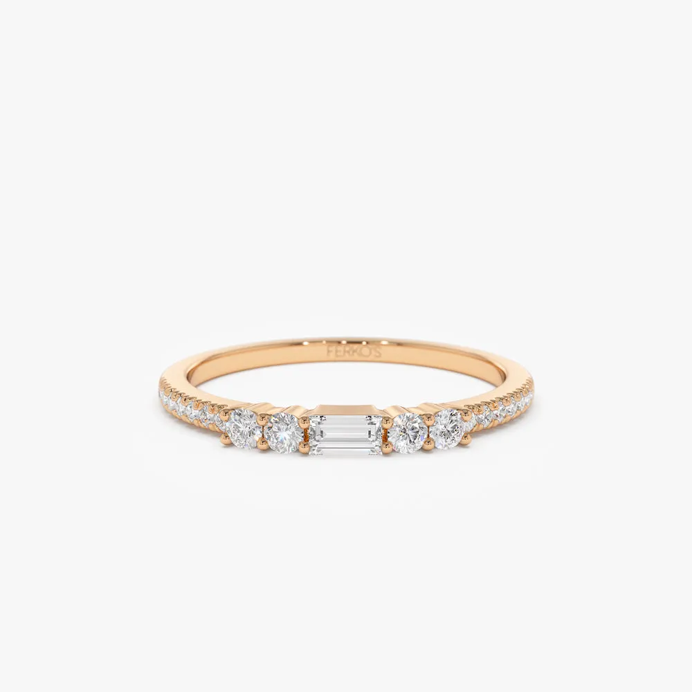 14k Baguette and Round Diamond Dainty Stackable Ring