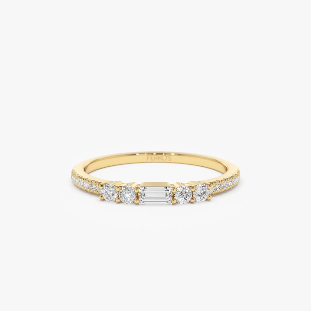14k Baguette and Round Diamond Dainty Stackable Ring