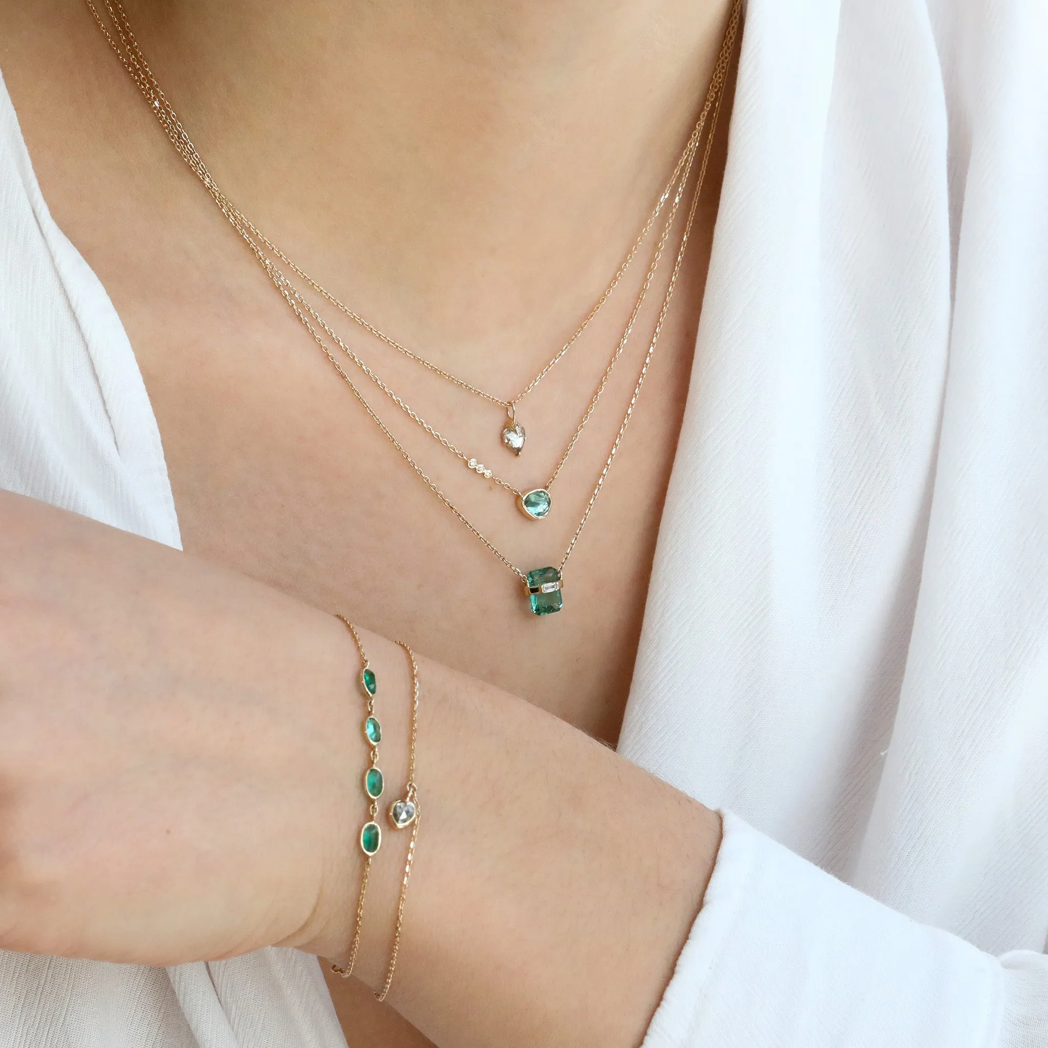 14K Bezel-Set Organically Shaped Green Tourmaline Necklace with Three Diamonds