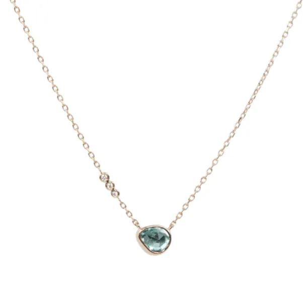 14K Bezel-Set Organically Shaped Green Tourmaline Necklace with Three Diamonds