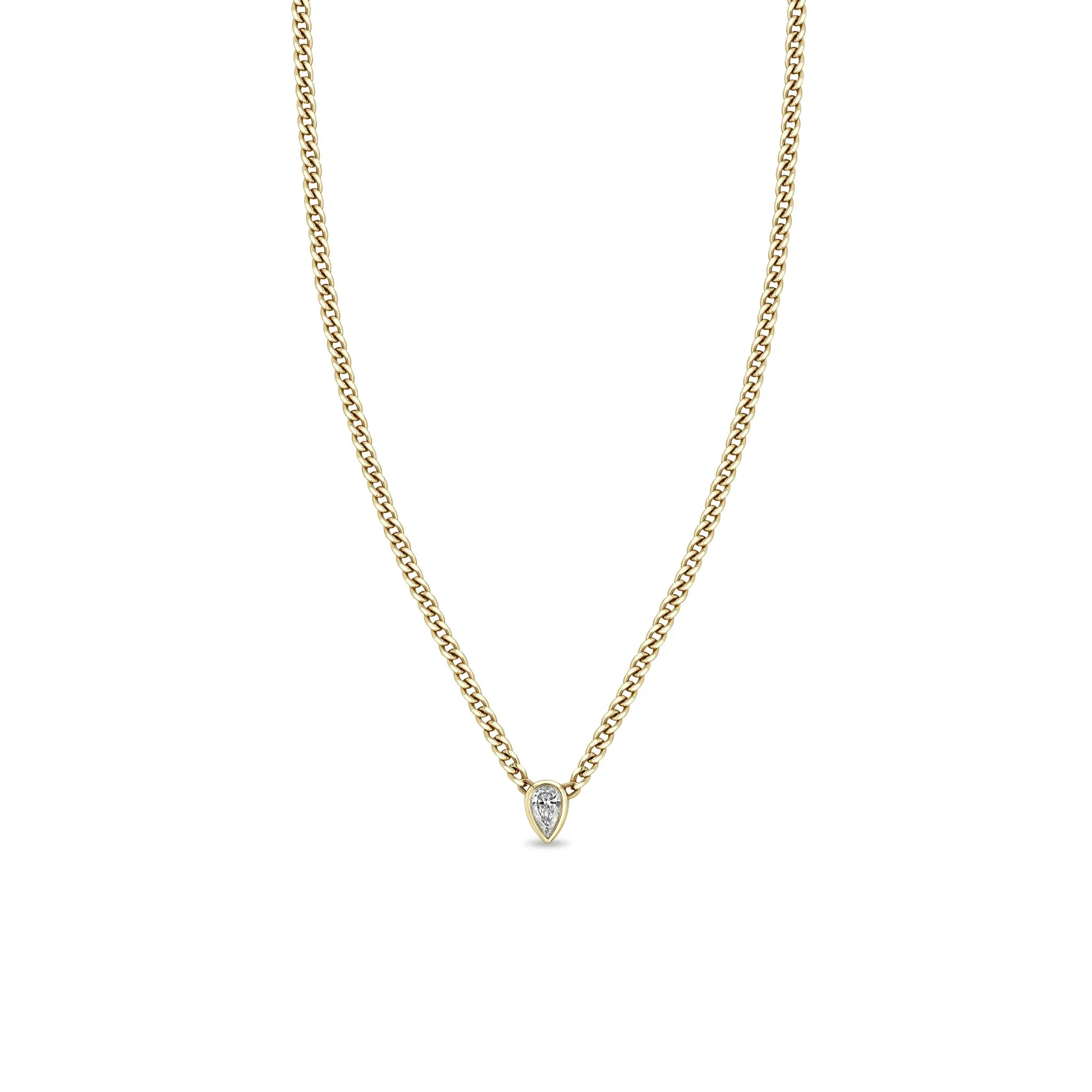 14k Extra Small Curb Chain Pear Diamond Bezel Necklace