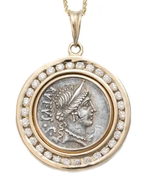 14k Gold & Diamond Genuine Ancient Roman Coin Necklace (Venus; 46 B.C.)