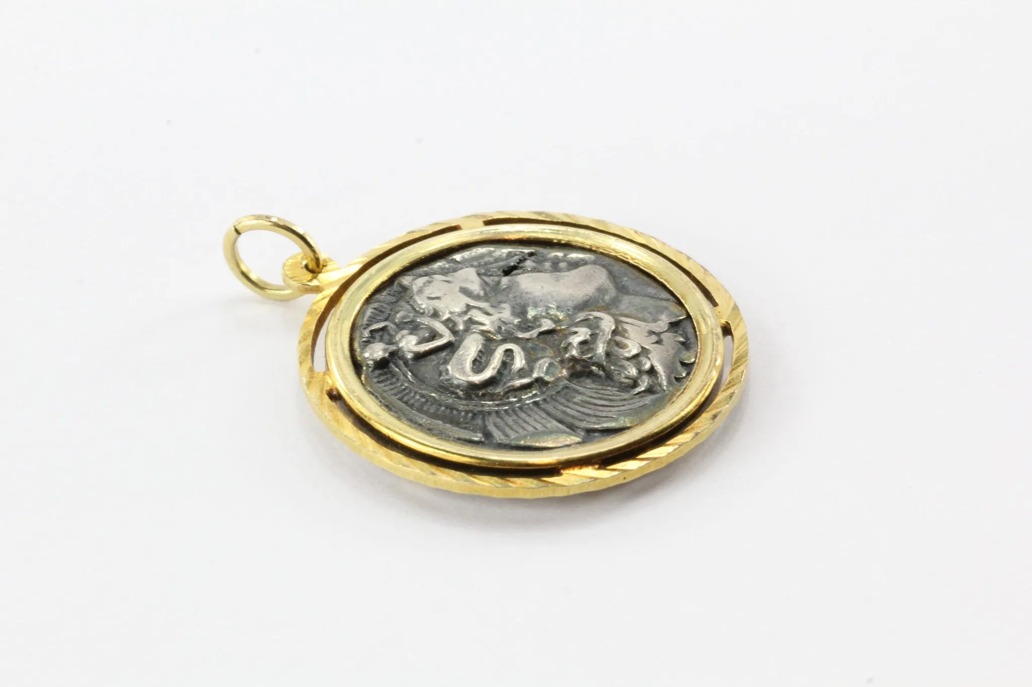 14K Gold & Sterling Silver Greek Athena Coin Pendant