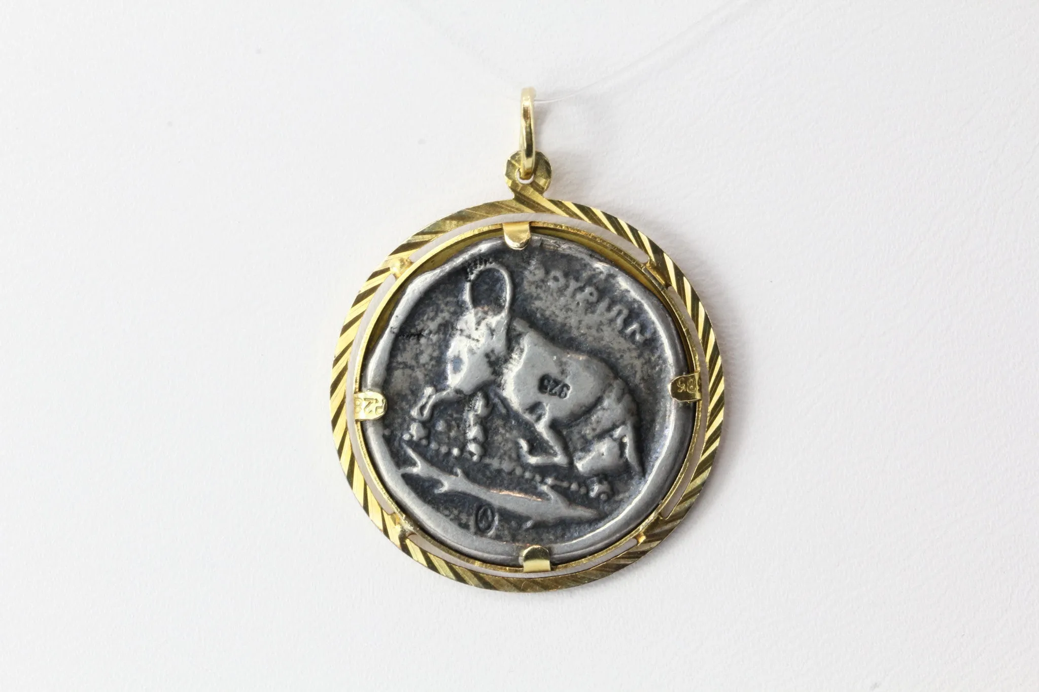 14K Gold & Sterling Silver Greek Athena Coin Pendant