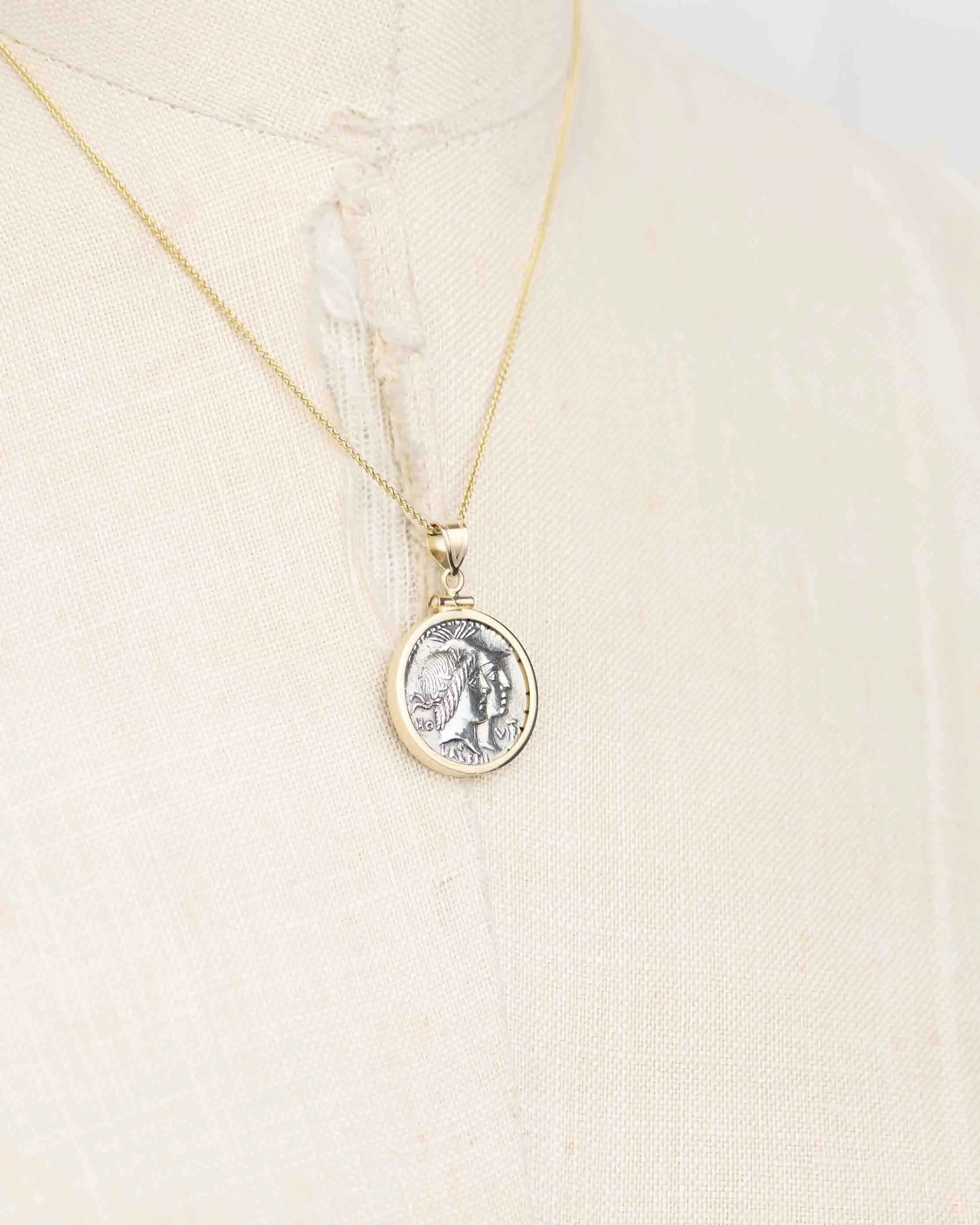 14k Gold Genuine Ancient Roman Coin Pendant Necklace (Honos & Virtus; 68 B.C.)