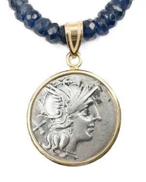 14k Gold Genuine Ancient Roman Coin Pendant on Natural Blue Sapphire Necklace (Roma; 154 B.C.)