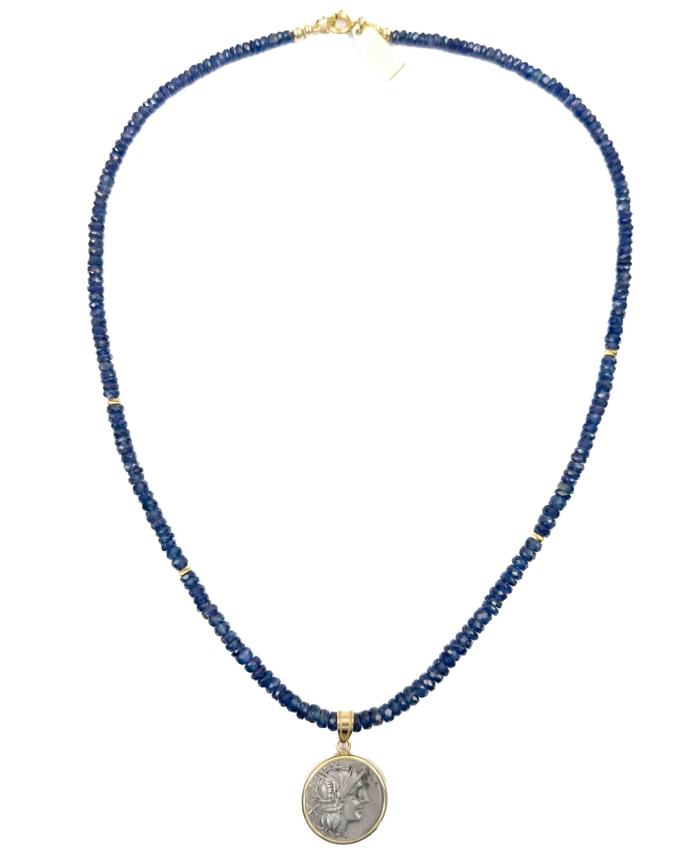 14k Gold Genuine Ancient Roman Coin Pendant on Natural Blue Sapphire Necklace (Roma; 154 B.C.)