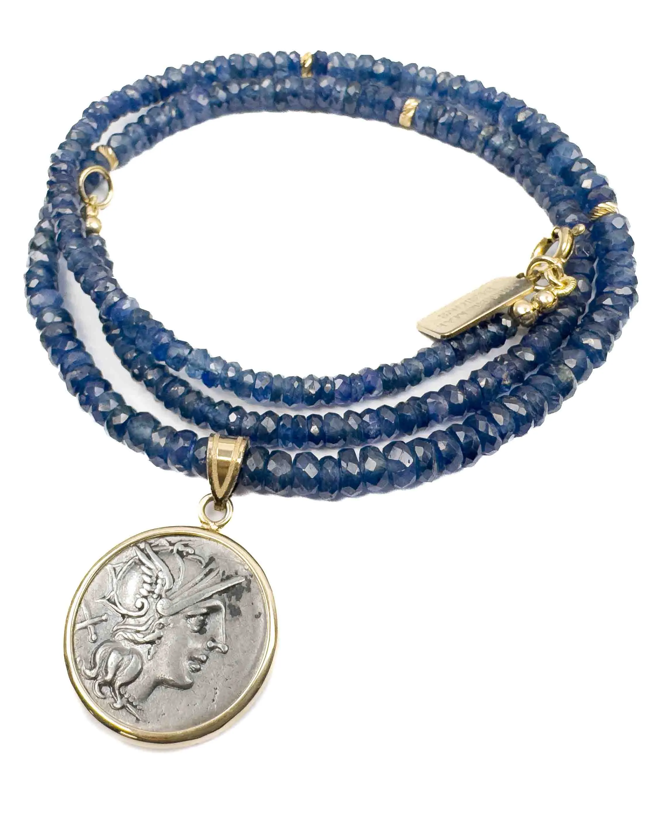 14k Gold Genuine Ancient Roman Coin Pendant on Natural Blue Sapphire Necklace (Roma; 154 B.C.)