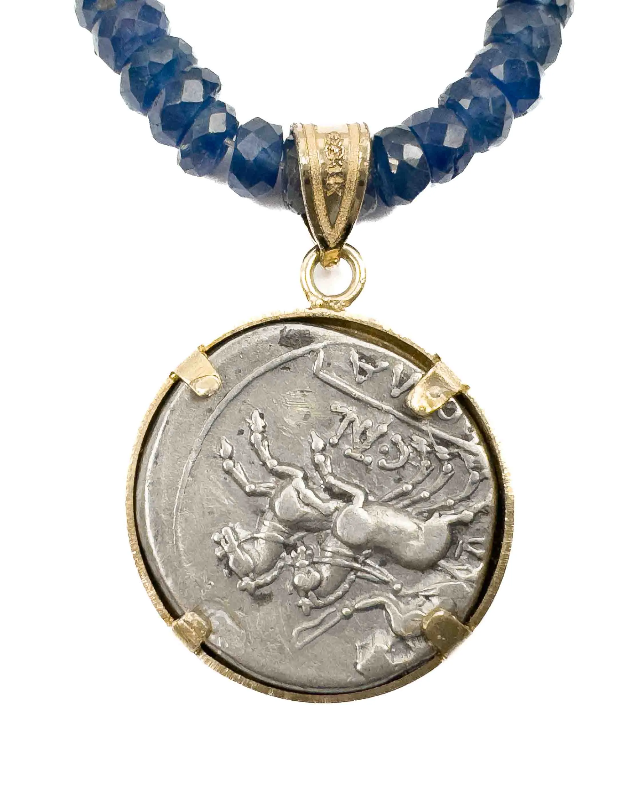14k Gold Genuine Ancient Roman Coin Pendant on Natural Blue Sapphire Necklace (Roma; 154 B.C.)