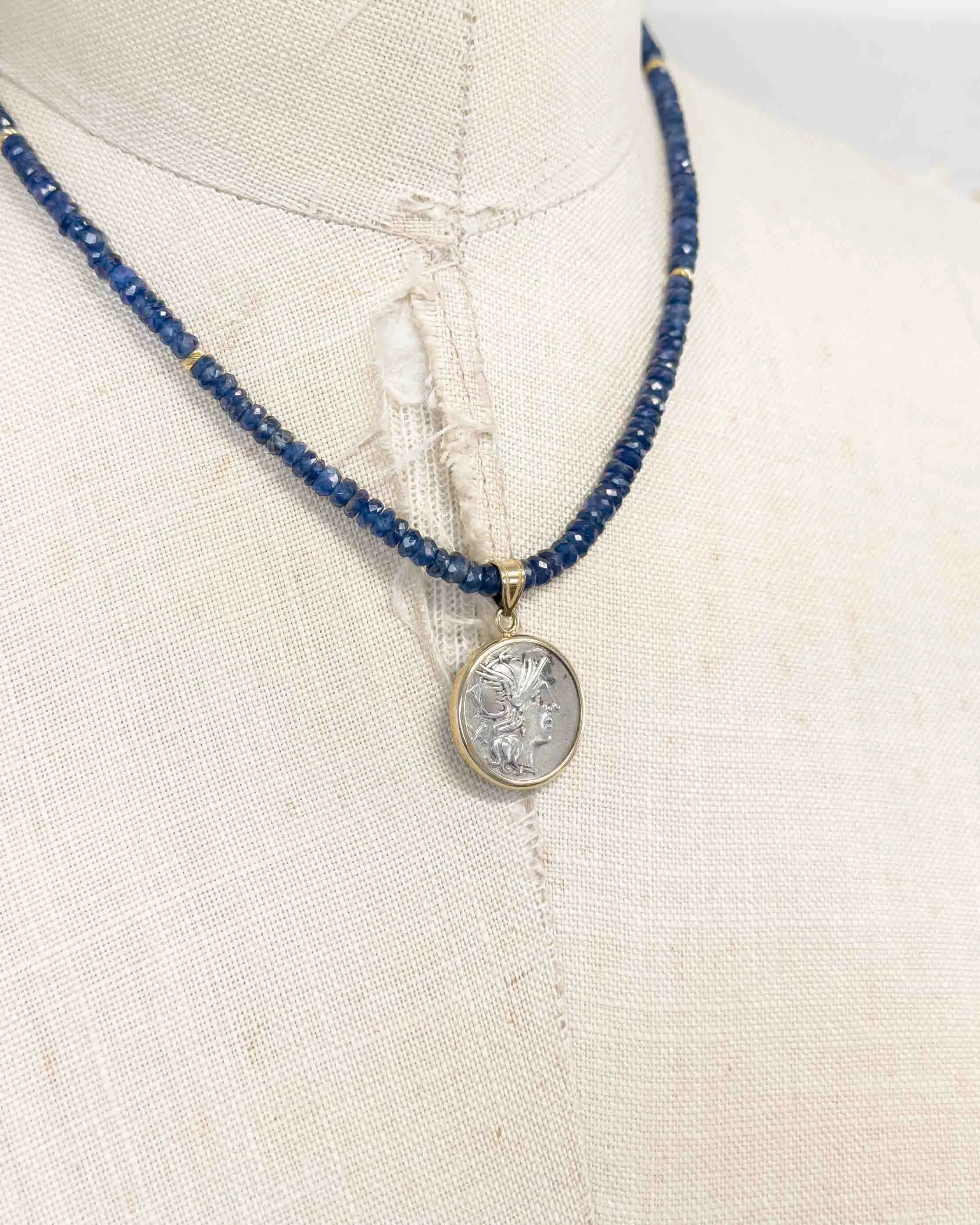 14k Gold Genuine Ancient Roman Coin Pendant on Natural Blue Sapphire Necklace (Roma; 154 B.C.)