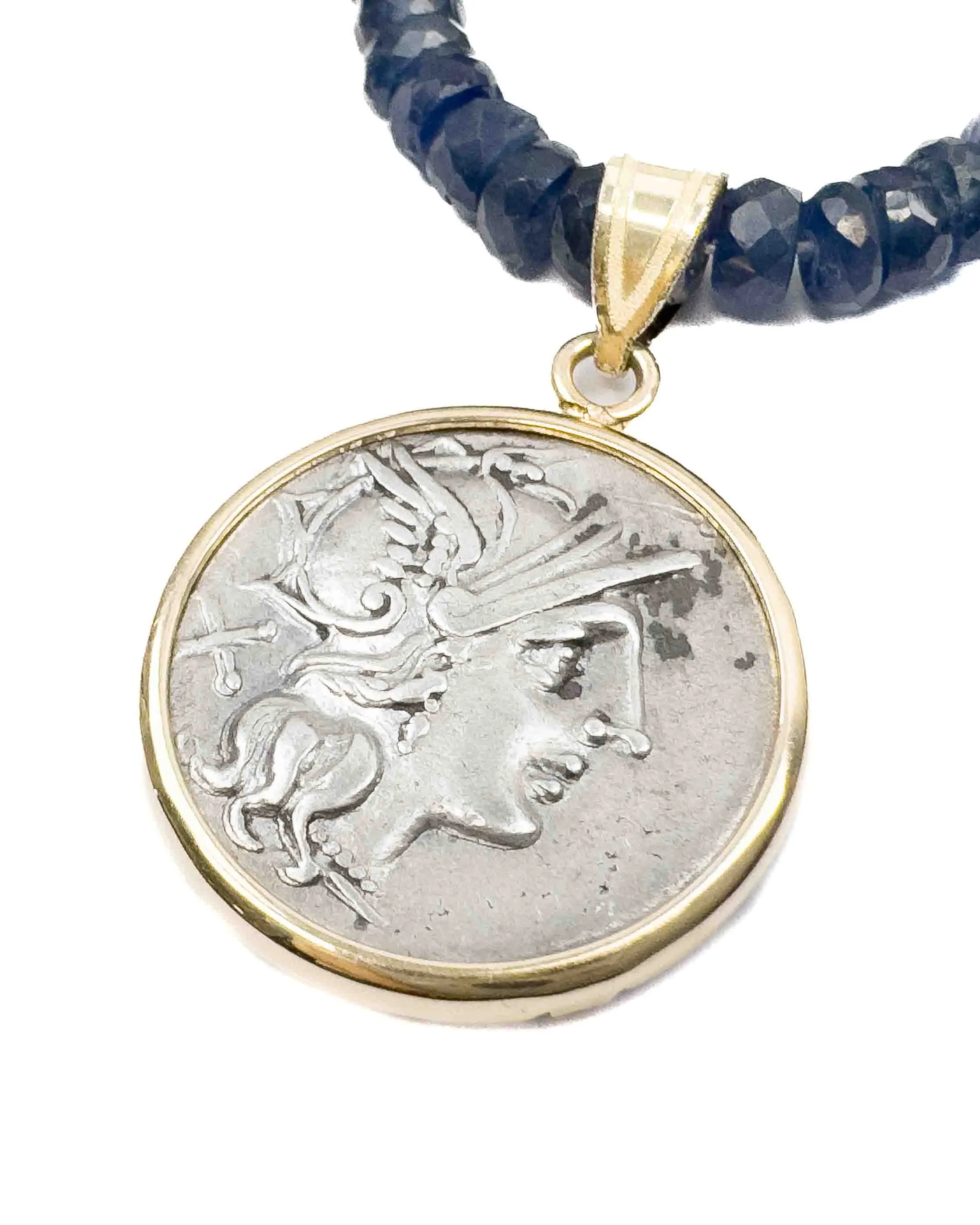 14k Gold Genuine Ancient Roman Coin Pendant on Natural Blue Sapphire Necklace (Roma; 154 B.C.)