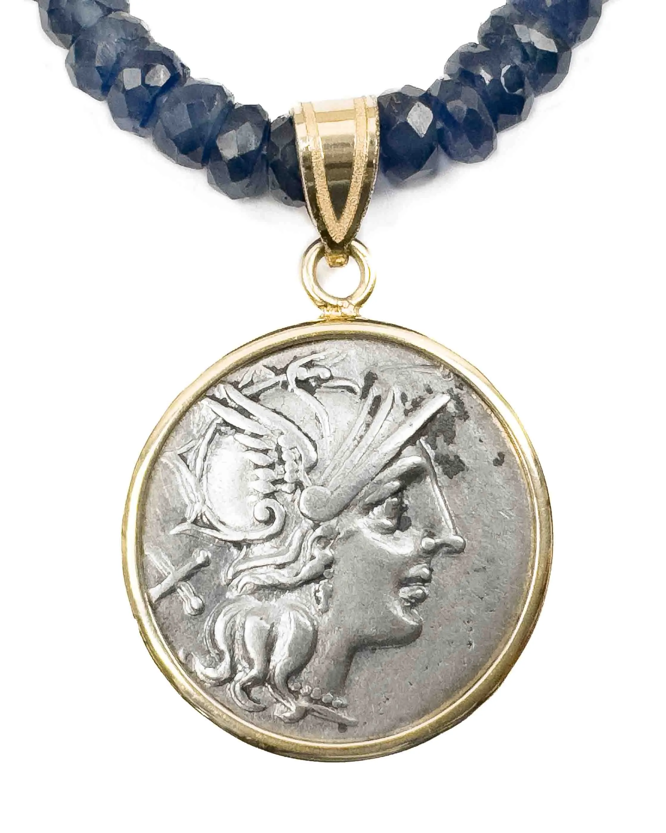 14k Gold Genuine Ancient Roman Coin Pendant on Natural Blue Sapphire Necklace (Roma; 154 B.C.)