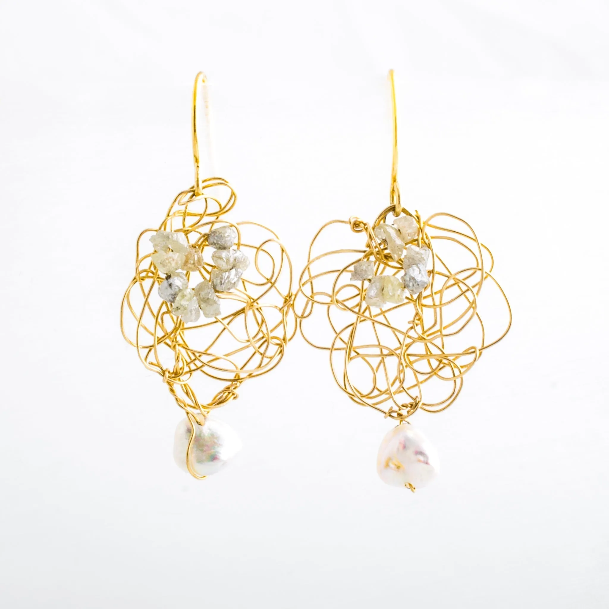 14K Gold Spun Freshwater Pearl Raw Diamond and Keishi Pearl Earrings