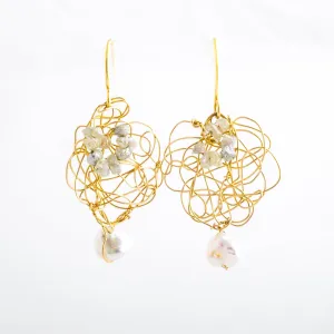 14K Gold Spun Freshwater Pearl Raw Diamond and Keishi Pearl Earrings