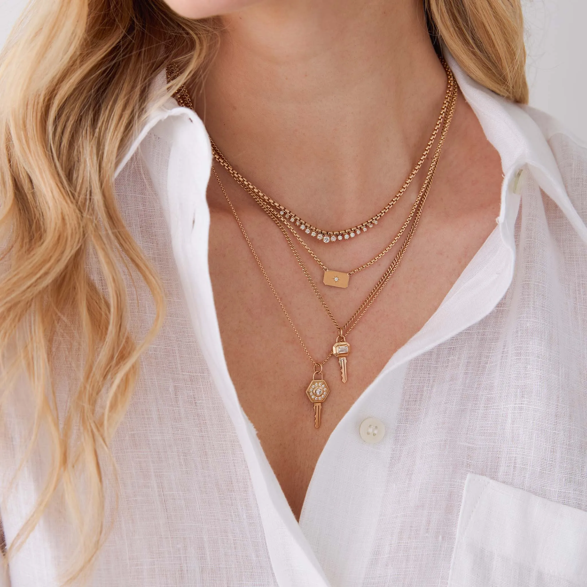 14k Graduated Prong Diamond Medium Box Chain Necklace