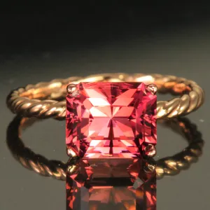 14K Rose Gold Barion Style Emerald Cut Pink Tourmaline Ring