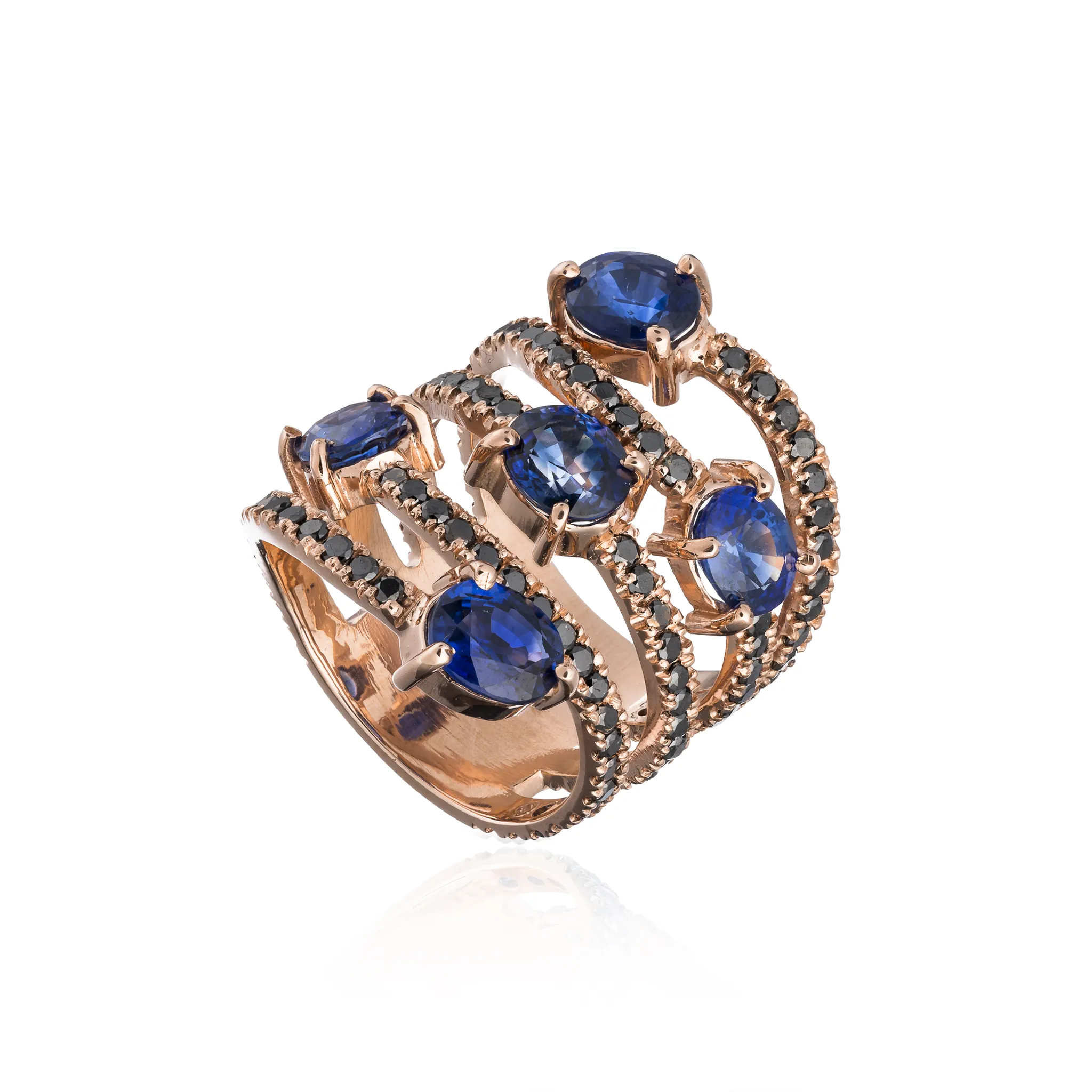 14K Rose Gold Ring with Blue Sapphire & Black Diamond