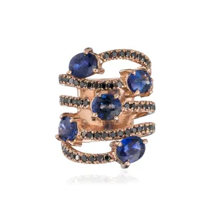 14K Rose Gold Ring with Blue Sapphire & Black Diamond