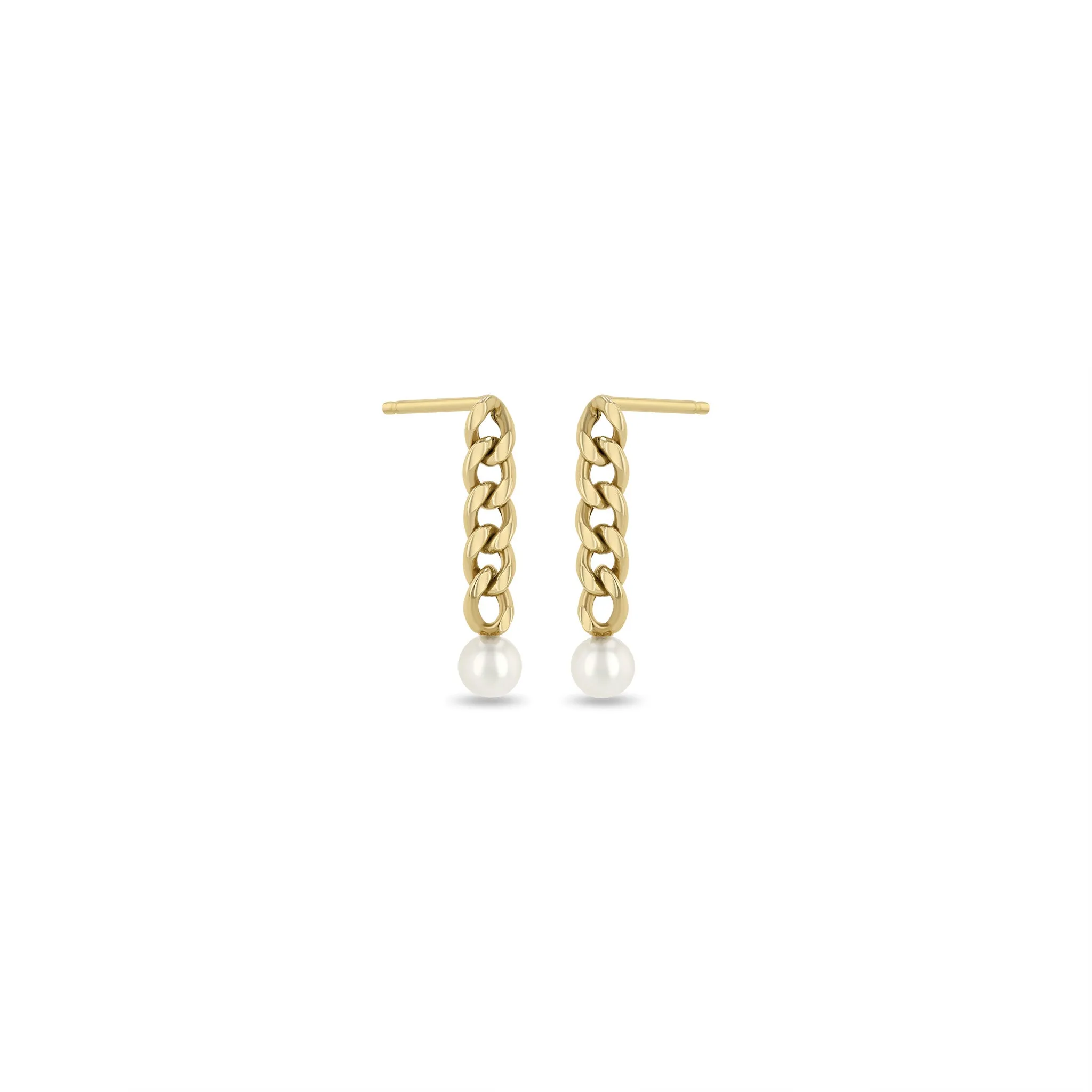 14k Tiny Pearl Small Curb Chain Drop Earrings
